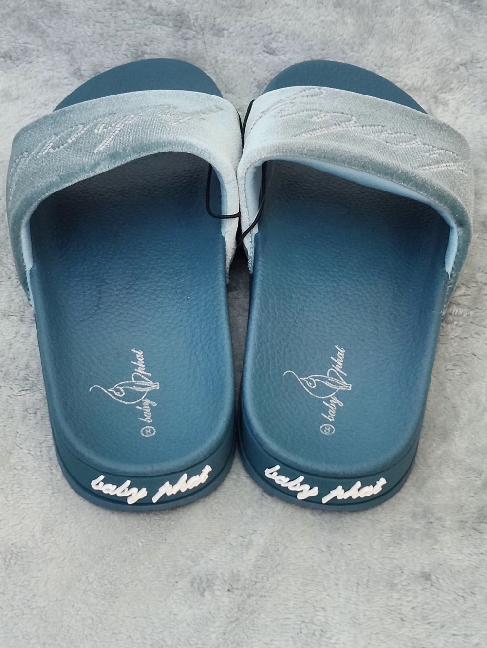 Baby Phat Rhinestone Script Logo Slide Sandals, Size: 8 Color: Teal - Picture 5 of 7